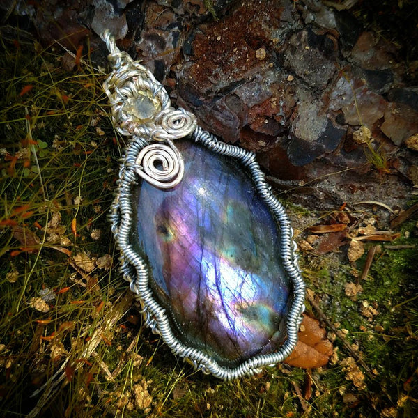 "Iris" - Wire Wrapped Purple Labradorite and Citrine Crystal Pendant Necklace