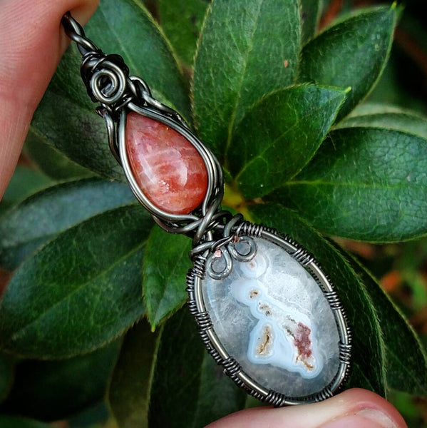 "Agate Delight" - Wire Wrapped Agate and Sunstone Pendant Necklace