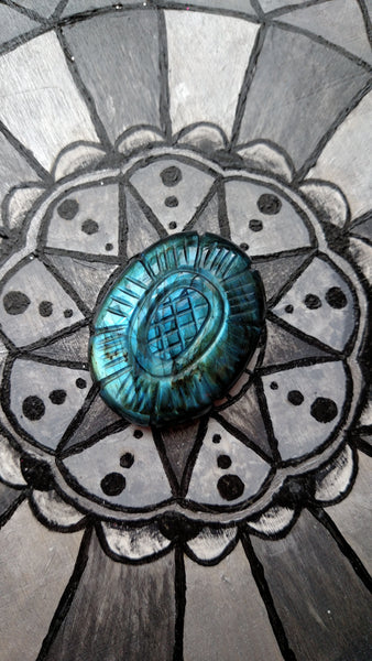 Large oval Blue green Labradorite etched flower cabochon