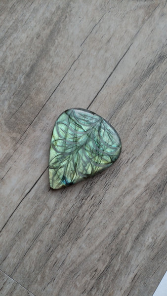 Large pear labradorite leaves etched cabochon