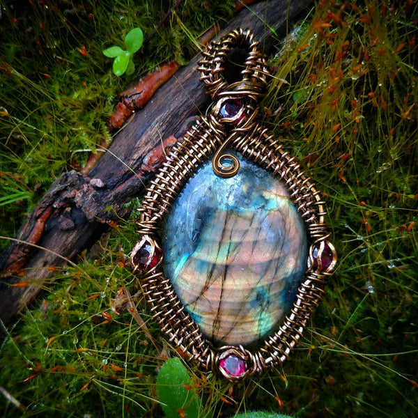 "Rainbow Fire" - Wire Wrapped Labradorite and Rhodalite Crystal Pendant Necklace