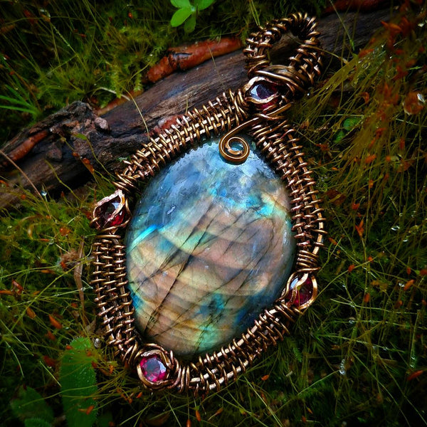 "Rainbow Fire" - Wire Wrapped Labradorite and Rhodalite Crystal Pendant Necklace