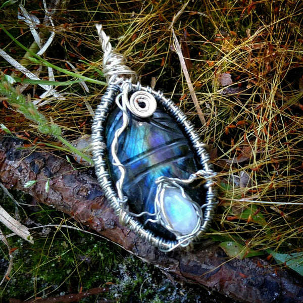 RESERVED- "Cool Vibes" - Wire Wrapped Labradorite and Moonstone Crystal Pendant Necklace
