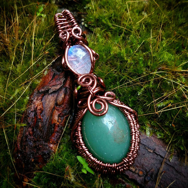 "Venus" - Wire Wrapped Moonstone and Green Aventurine Pendant Necklace