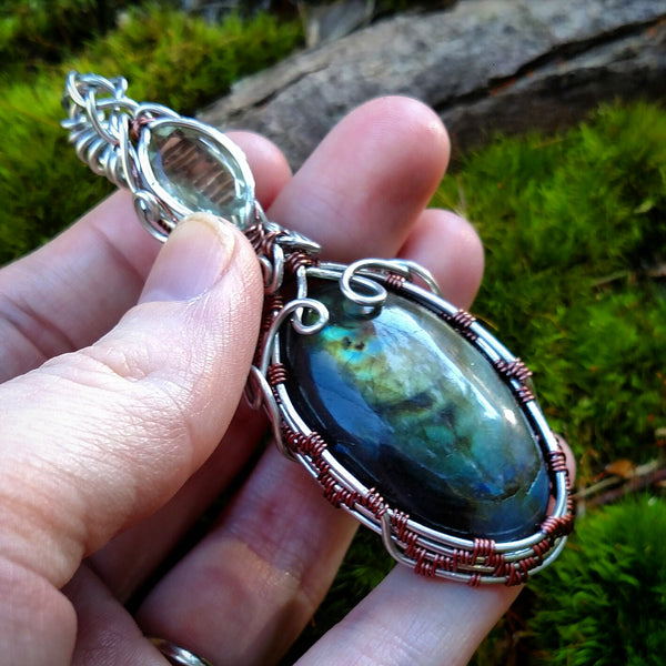 "Spectra" - Wire Wrapped Labradorite and Praisiolite Crystal Pendant