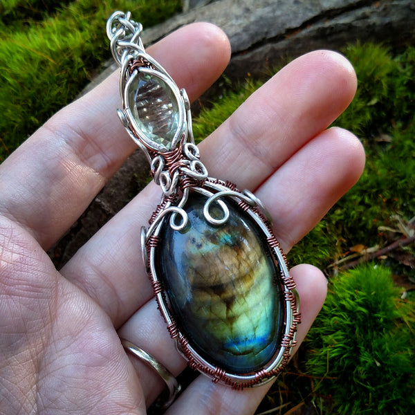 "Spectra" - Wire Wrapped Labradorite and Praisiolite Crystal Pendant