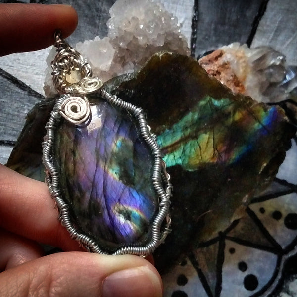 "Iris" - Wire Wrapped Purple Labradorite and Citrine Crystal Pendant Necklace