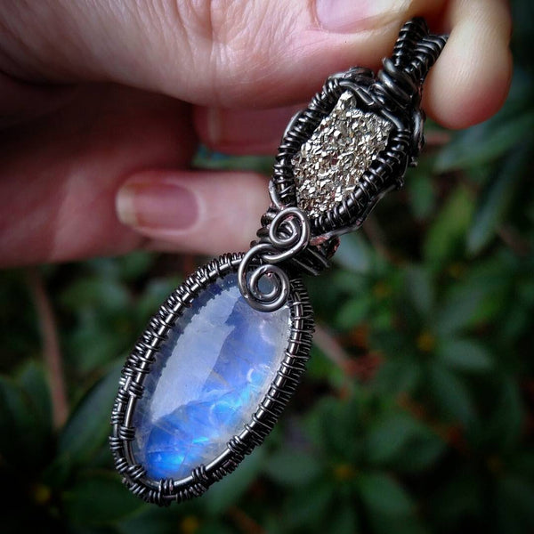 "Bethel" Wire Wrapped Moonstone and Pyrite Pendant Necklace