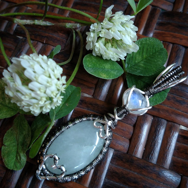 "Cleo" Moonstone and Aquamarine Wire Wrapped Pendant