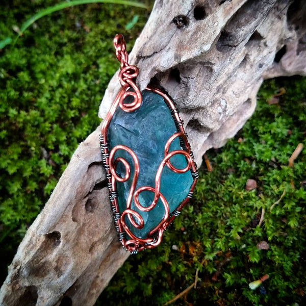 Blue Fluorite Wire Wrapped Crystal Pendant Necklace