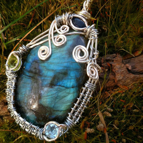 "Third Eye Magic" - Wire Wrapped Crystal Pendant Necklace, Labradorite, Sapphire, Blue Topaz, Peridot