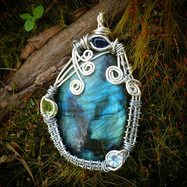 "Third Eye Magic" - Wire Wrapped Crystal Pendant Necklace, Labradorite, Sapphire, Blue Topaz, Peridot